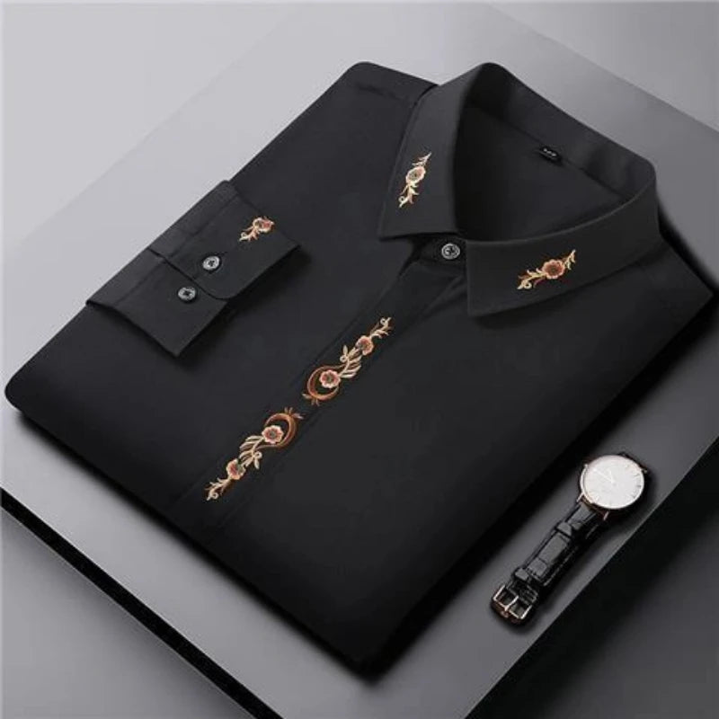 Smart Casual Embroidery Long Sleeve Shirt Tops Spring Autumn Polo Neck Loose Plus Size Vintage Blouse Fashion Trend Men Clothing