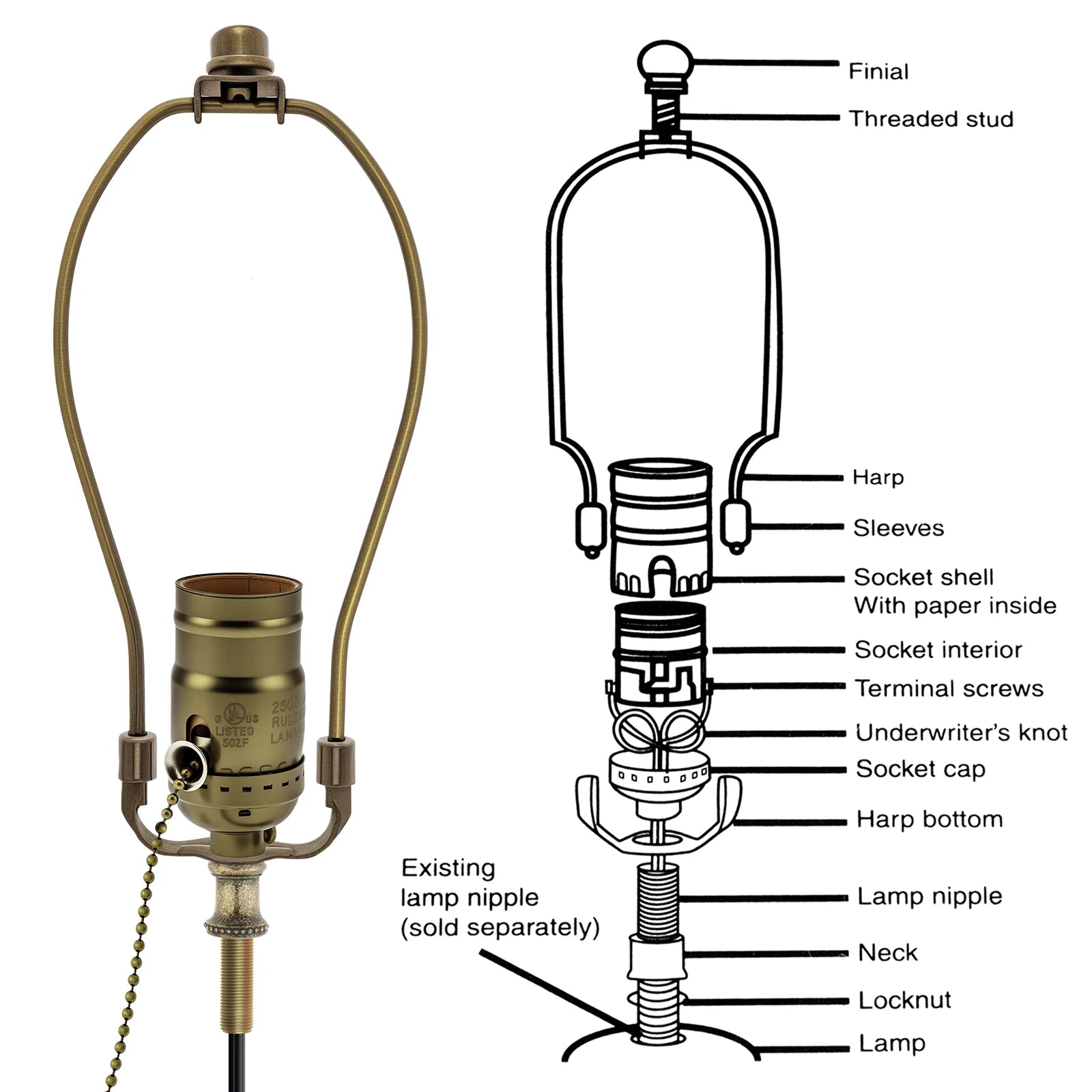 Lamp Rewire Kit Pull Chain Lamp Socket Lamp Wiring Kit with Matching Cord Lamp Harp Set for Table Floor Lamp / DIY Lamps