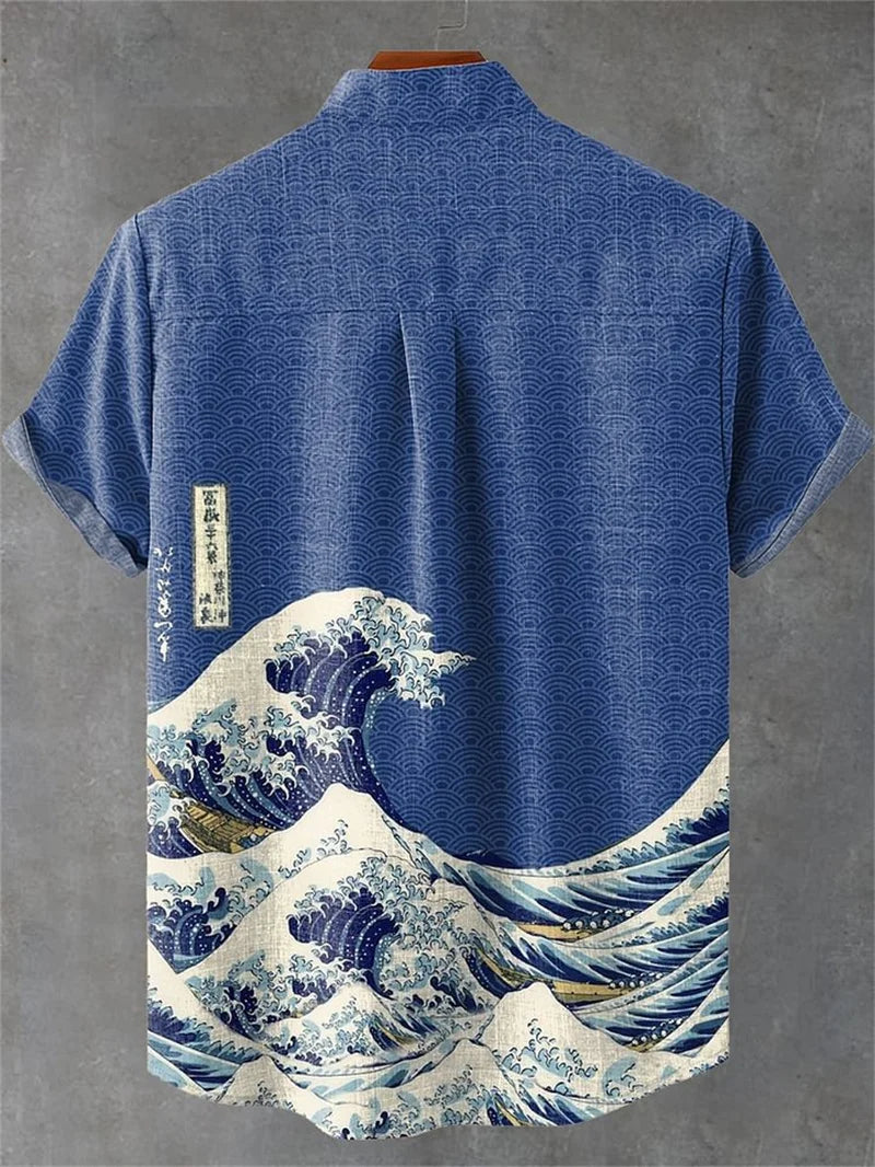 Summer Men's Short Sleeve Shirt Wave Vintage 3D Printed Casual Fashion Linen 100% Men's Beach Holiday Short Sleeve Shirt
