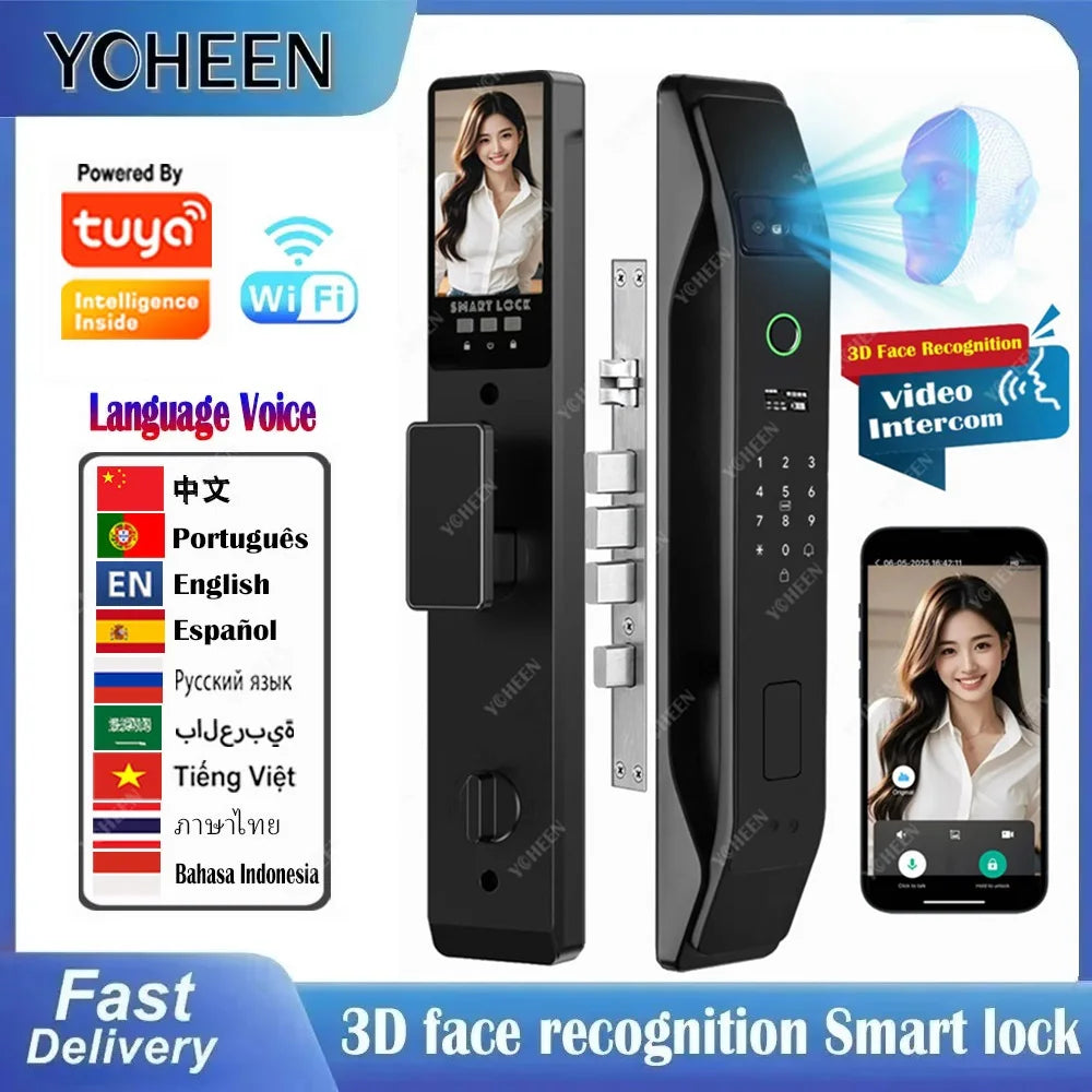 Tuya Wifi App Face Polyglot Electronic Door Lock Fingerprint Recognition Password Smart Digital Lock Key Card 6068 Mortise Lock