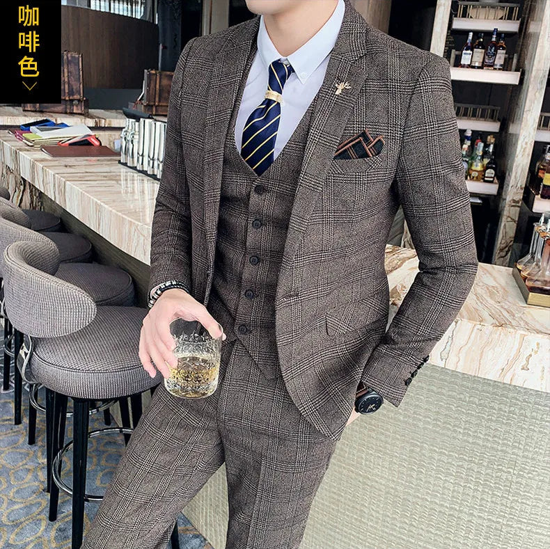 S-7XL ( Blazer + Vest + Pants ) Striped Plaid Solid Color Mens Formal Business Suit 3Pcs Set Groom Wedding Social Show Dress
