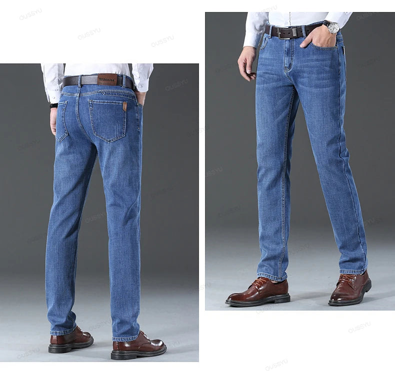 OUSSYU Brand Classic Retro Blue Men's Jeans Denim Pants Work Streetwear Straight Stretch Business Autumn Winter Cotton Trousers