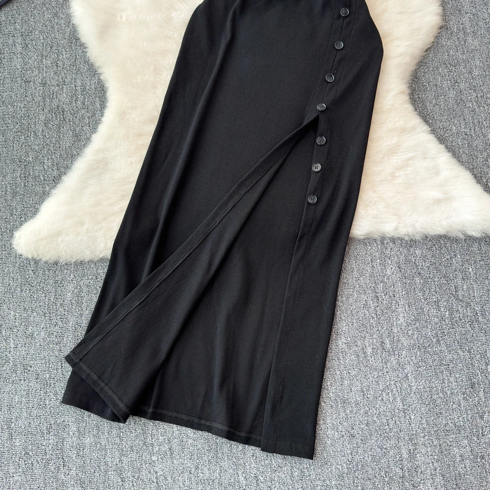 Sexy two Pieces Sets Chic Elegant  v neck slip camis with High Waist Hip Wrap Single Breasted split summer sweet Full Skir