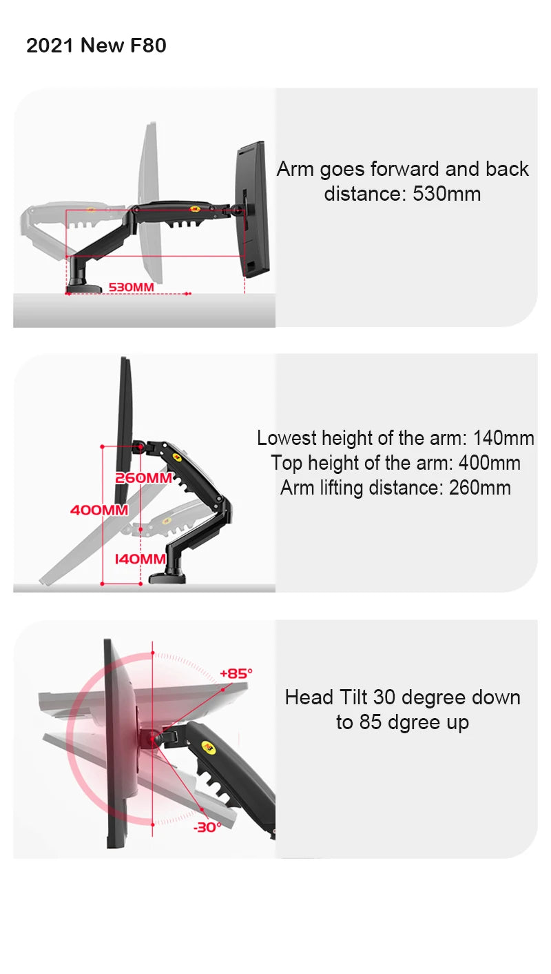 F80 Gas Spring 17-30 inch Desktop LED LCD Monitor Mount Holder Arm Ergonomic Gas Strut Flexi Mount Load 2~9kgs