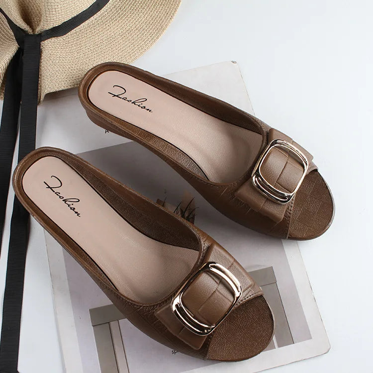 Summer Women Square Buckle Open-Toe Slippers Single Strap Flat Sandals Lady Solid Color Outdoor Beach Shoes Adult Casual Sandals