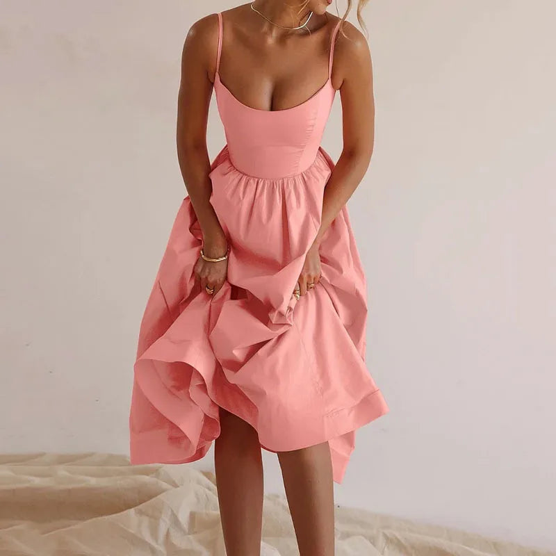 Women's Fashionable Dress 2025 New Summer Solid Color U-neck Waist-fitted Tank Dress Sexy Pleated Waist-length Sleeveless Dress