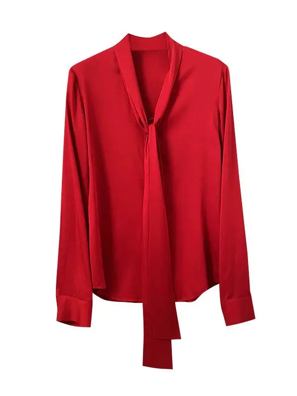 SuyaDream Women's Silk Blouse Long Sleeve Bow Collar Office Chic Solid Color Shirt 93% Silk 7% Spandex Spring 2025