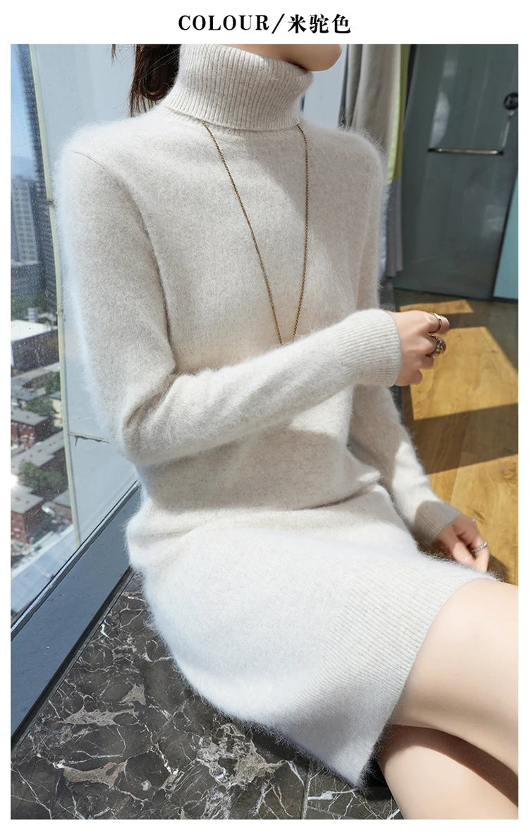 New Hot Selling 100% Mink Cashmere Knitted Women's High Neck Pullover Dress Sweater Slim Fit Solid Color Long Women's Dress