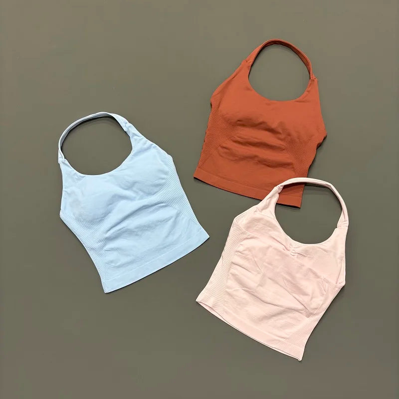 Halter Yoga Tank Top Women Sexy Seamless Strappy Backless Slim Fit Padded Breathable Gym Fitness Running Workout Sports Tops