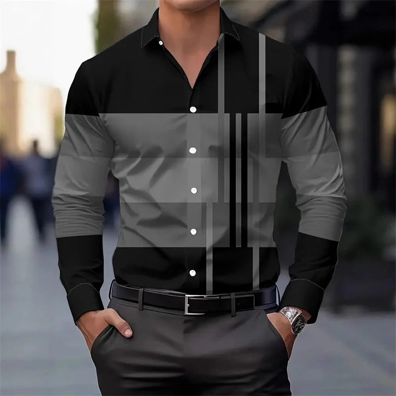 Men's color-blocked striped patchwork long-sleeved shirt, unique geometric pattern slim fit shirt, stylish men's top, XS-6XL.