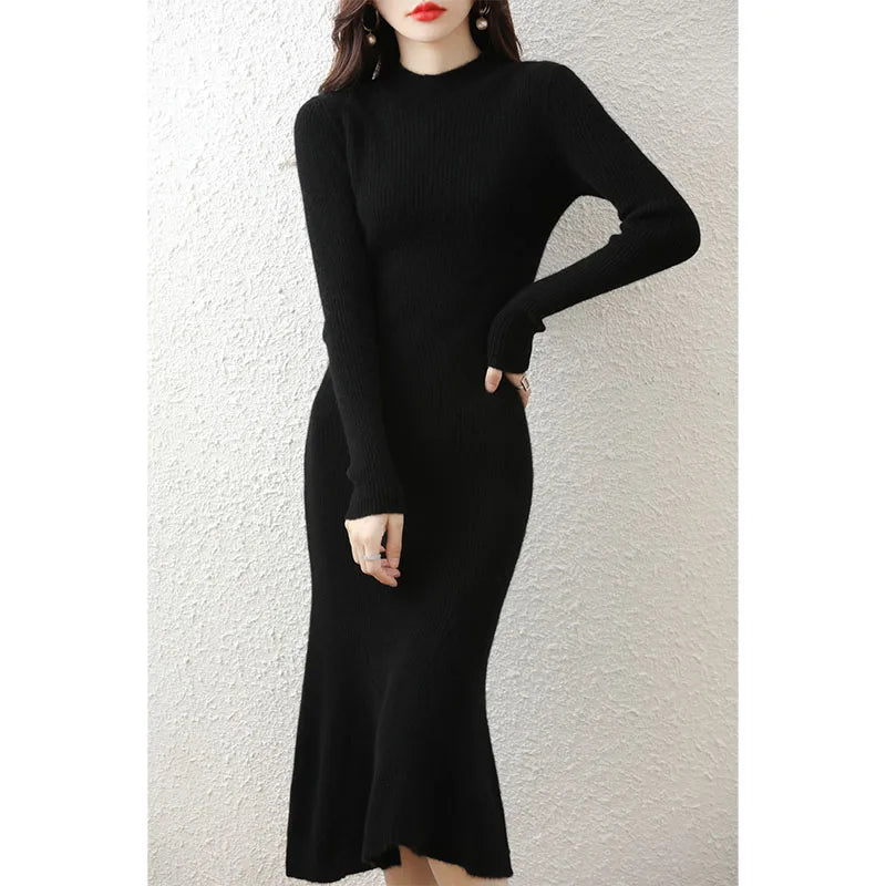 Cashmere Sweater Women's Knitted Dresses 100% Merino Wool O-Neck Elegant Party Dress Autumn Winter Female Pullover Casual Skirts