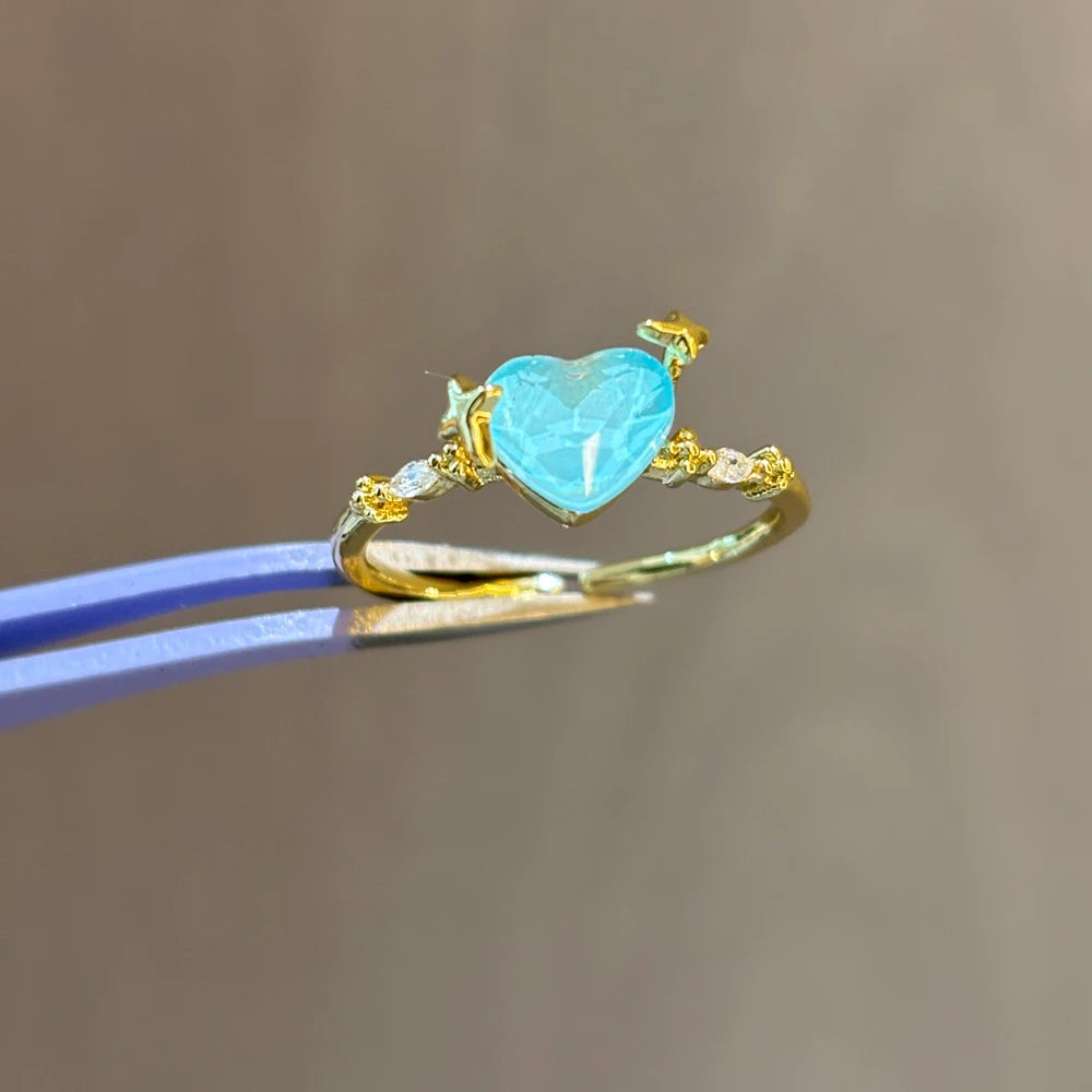 Vintage Blue Crystal Bow Knot Rings Women Gold Plated Open Adjustable Ring Sweet Heart Zircon Pearl Finger Ring Fashion Jewelry