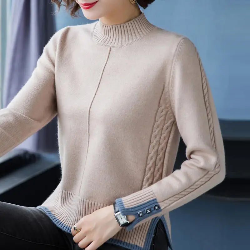 Stylish Stand Collar Button Knitted Spliced Korean Sweater Women's Clothing 2022 Autumn New  Casual pullovers Loose Commute Tops