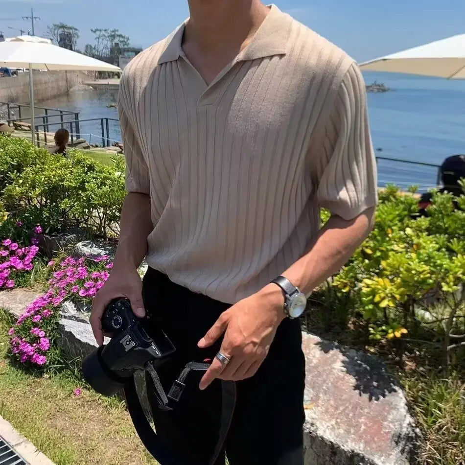 Trendy Polo Shirt for Men Summer Solid Color Top Versatile Knit Style Korean Short Sleeves Casual Fashion T-shirt