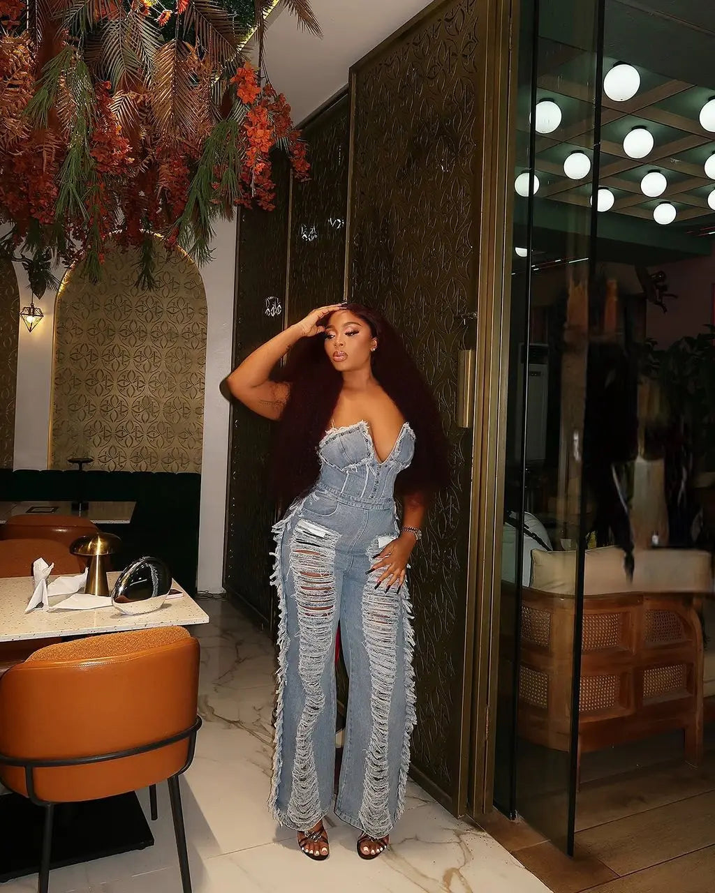 Tassel Hollow Out Overalls For Women Studded Diamond Strapless Backless Jeans Street Fashion Trend Jumpsuite Femme