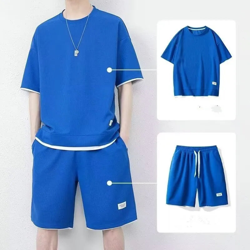 Summer Solid Waffle Tracksuits 2026 Men's Short Sleeve Shorts Casual Two Piece Sets Loose Breathable Men Clothes Joggers Outfits