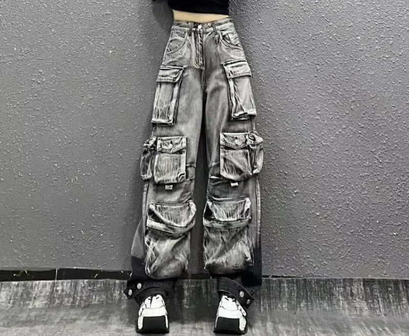 Jeans Women Denim Distressed Multi Pocket Y2k Streetwear Cargo Pants Casual High Waist Zipper Fly Winter Gradient Mom Jeans