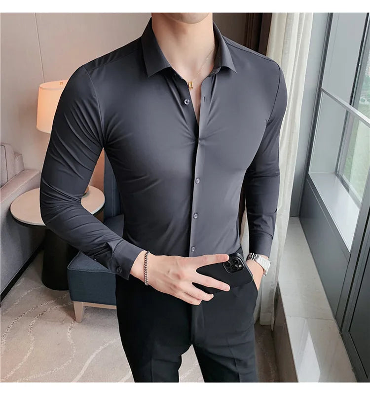 Men's Ultra Stretch Seamless Long Sleeve Shirt Top Quality Business Casual Breathable Stretchable Solid Color Formal Dress Shirt