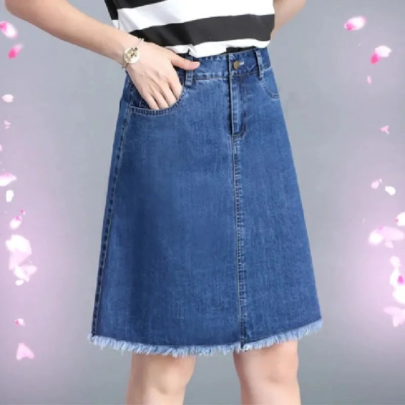 Large Size Denim Skirt For Women Spring Summer High-waisted A-line Jeans Skirt Ladies Korean Loose Tassels Mini Denim Skirts