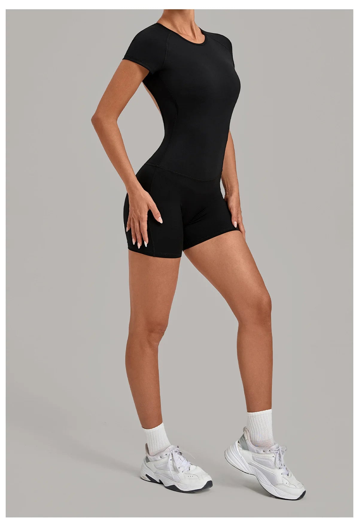 Women Short Sleeve Open Back Yoga Bodysuit Squat Proof Short Jumpsuit Gym Pilates Running Workout Fitness Sport Activewear