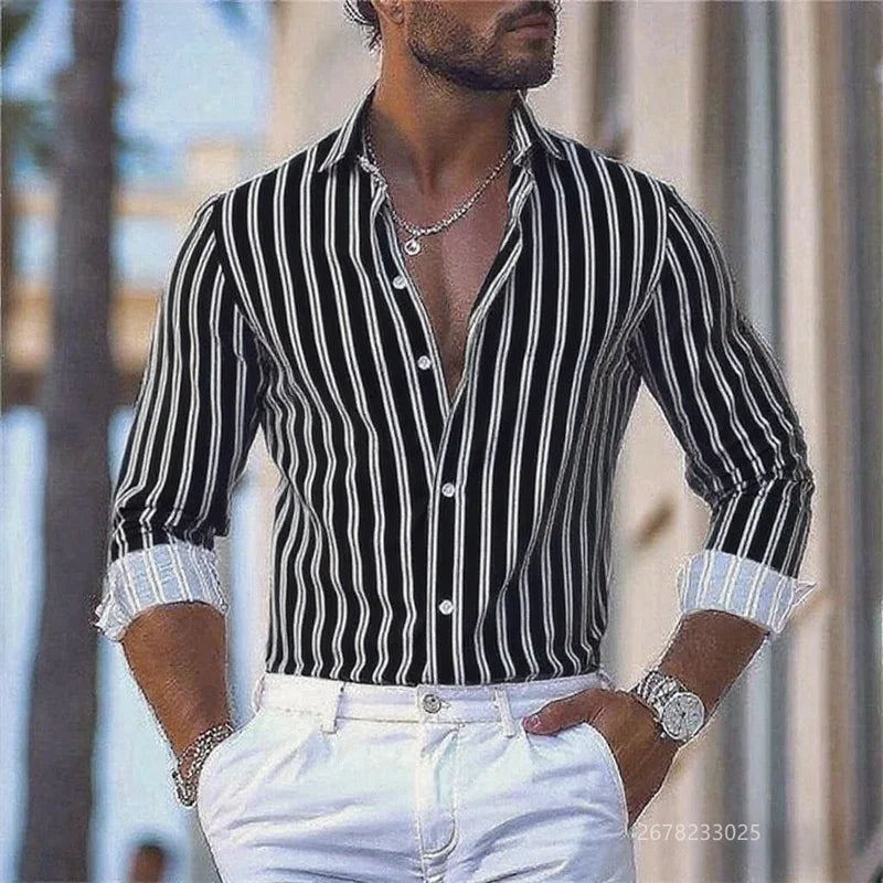 15 colors men's striped long-sleeved shirts, business office men's tops, spring and autumn lapel shirts, high-quality shirts