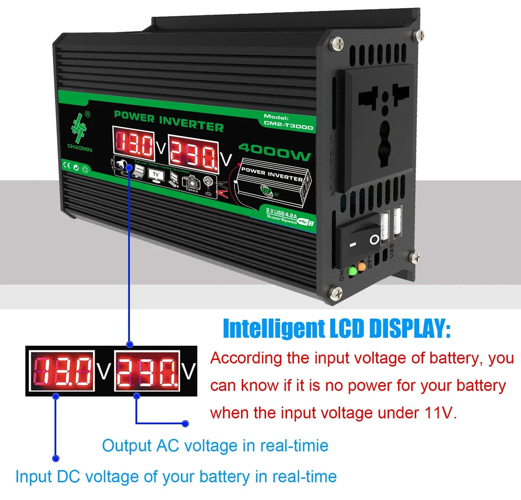 4000W Solar Inverter Portable Power Bank DC 12V to AC 110/220V Dual USB LCD Display Car Converter for Camping RV Universal Plug