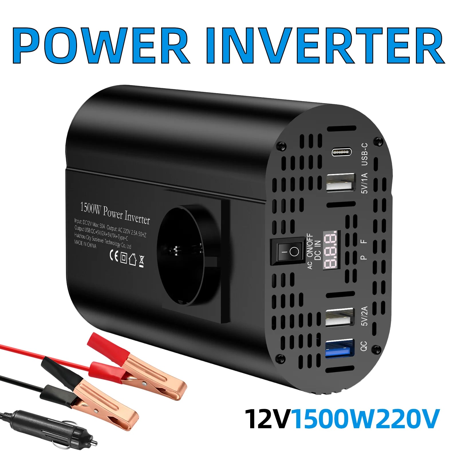 Inverter DC 12V to AC 220V 50HZ correction wave inverter solar car power 1500W voltage portable converter