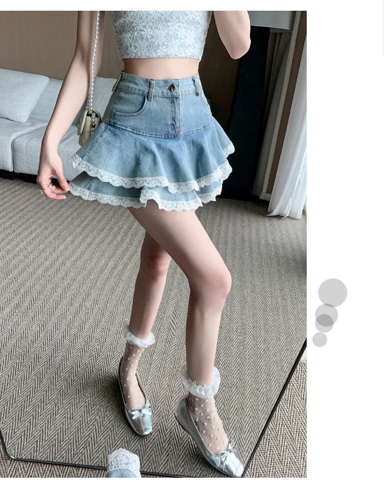Women's Denim Skirts New Spring Summer Fashion High Waist Lace Decoration Shorts Mini Skirts for Women