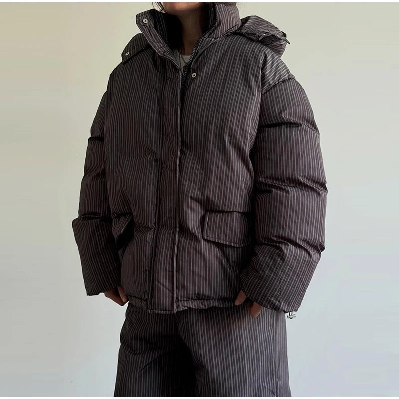 Street Striped Women's Cotton Coat Trouser Suits Hooded Zippers  Autumn Winter Thicken Lady Set 2026 Chic Female Outfits