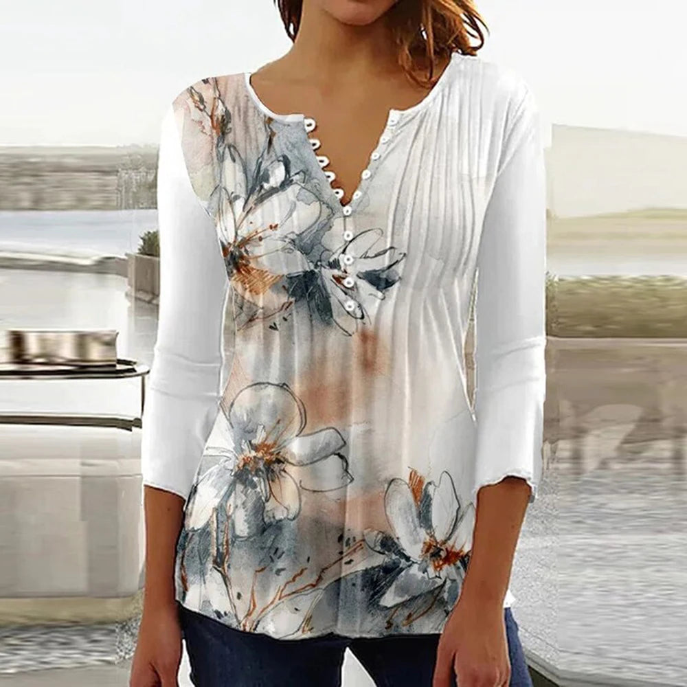 2024 Trendy 3D Printed Shirts for Women Spring Summer 3/4 Sleeve V Neck Buttons Blouse Shirt Elegant Ladies Long Sleeve Tops
