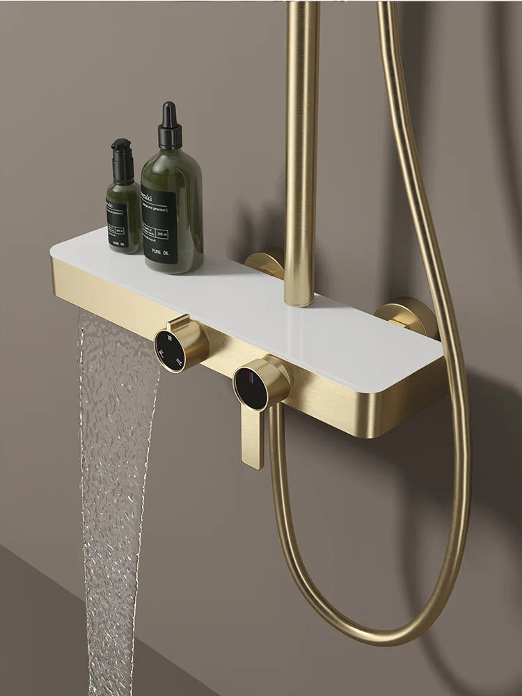 White Bathroom Shower System Set SDSN 12 Inch Round Rainfall Shower Head Brass Bathroom Faucet Hot Cold Gold Bathroom Shower Set