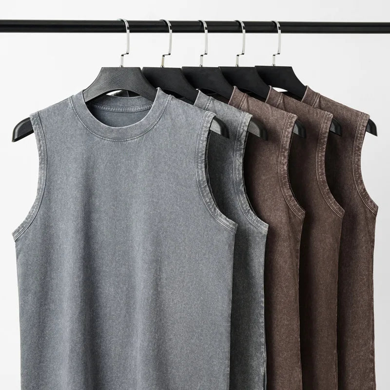 230g Pure Cotton European and American High Street Retro Washed Distressed Sleeveless Vest Men's Casual Loose Shoulder T-shirt