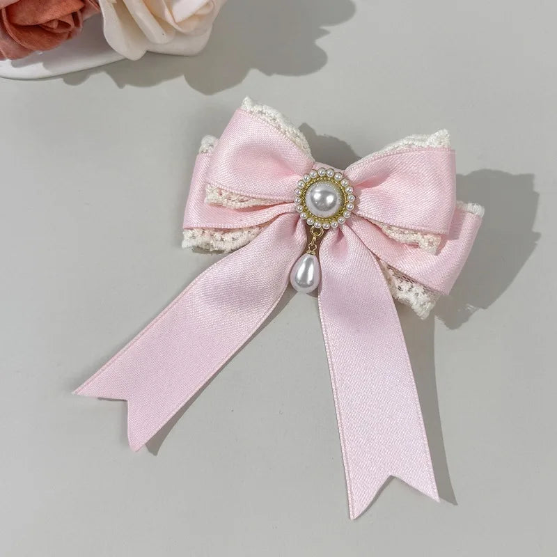 4pcs Pearl Lace Bow Hair Clip, Multi-color Satin Lolita Headpiece, Retro Sweet and Beautiful Style Hair Accessory