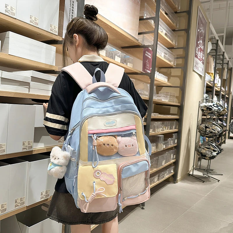 Women's Pastel Color Block Backpack Clear Display Pockets Plush Charm Bow Detail Adjustable Strap Casual Daily Itabag School Bag