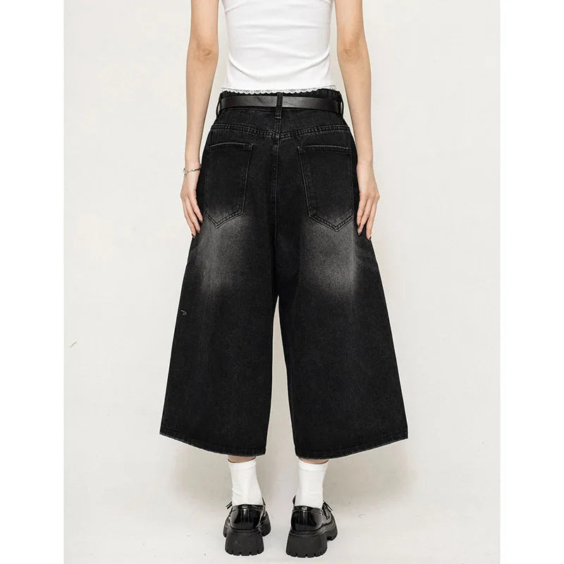 High Waist Black Retro Washed Denim Shorts Women's Harajuku Vintage Fashion Casual Loose Y2K Streetwear Mid Long Wide Leg Pants