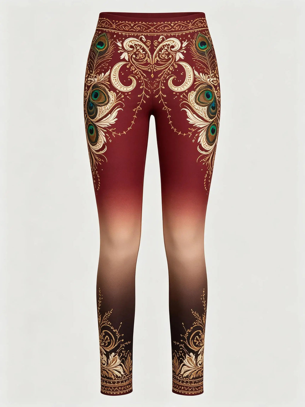 Women Fleece‑lined Mid‑rise Leggings Ombre Gradient Peacock Feather Crescent Moon Floral Ornate Border Print Slim Stretch  Pants