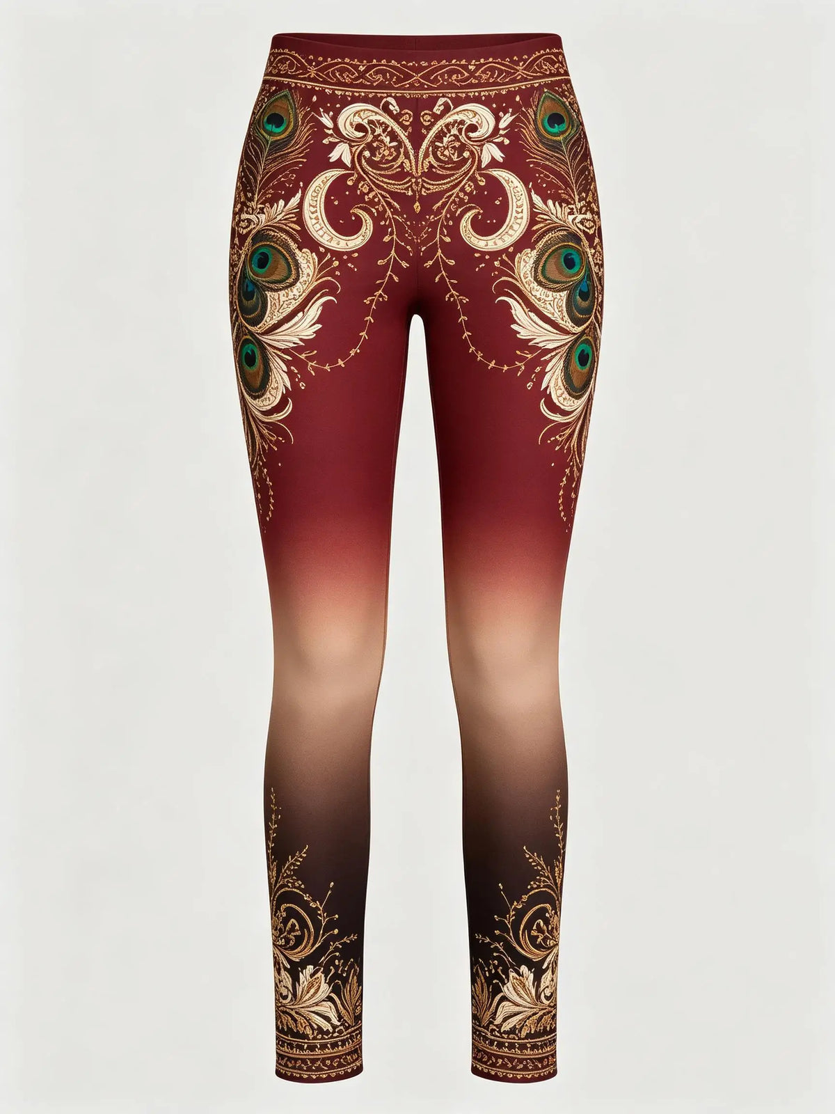 Women Fleece‑lined Mid‑rise Leggings Ombre Gradient Peacock Feather Crescent Moon Floral Ornate Border Print Slim Stretch  Pants