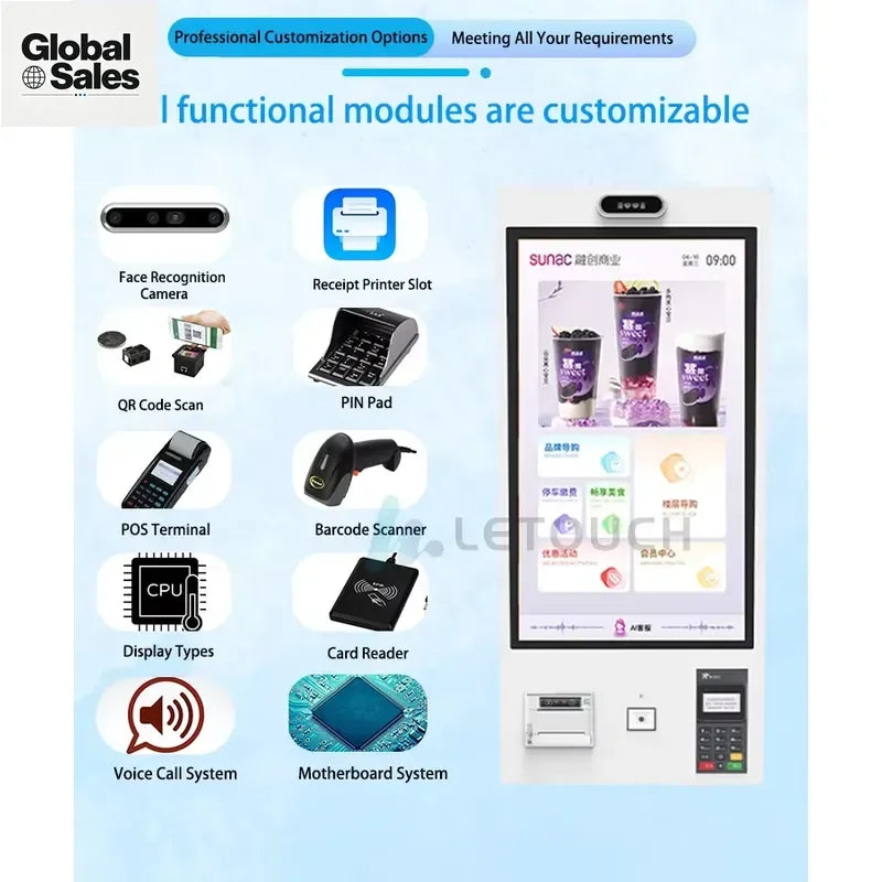 21.5 Inch 32 Inch Touch Screen Self-Service Order Payment Kiosk POS System with Animation for Restaurant and Shopping Mall