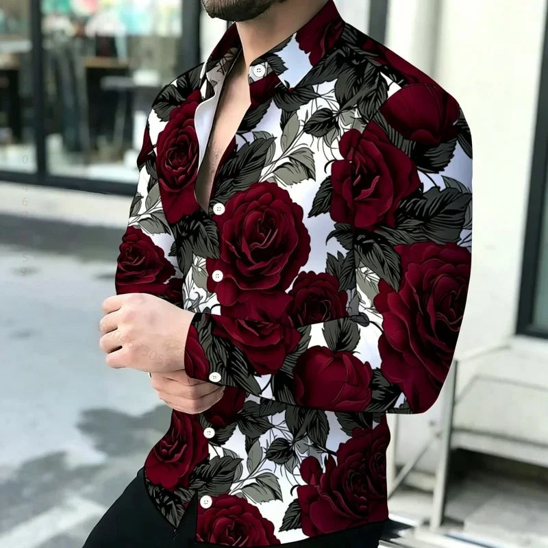 2026 New Men's Shirt Personalized Printed Long Sleeve Shirt Black Brown Contrasting Design Sense Shirt Street Trendy Men's Wear