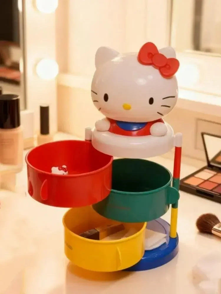 Hello Kitty Organizer Box Kawaii Rotating Storage Box Cute Makeup Holder Three Layer Desktop Organizer