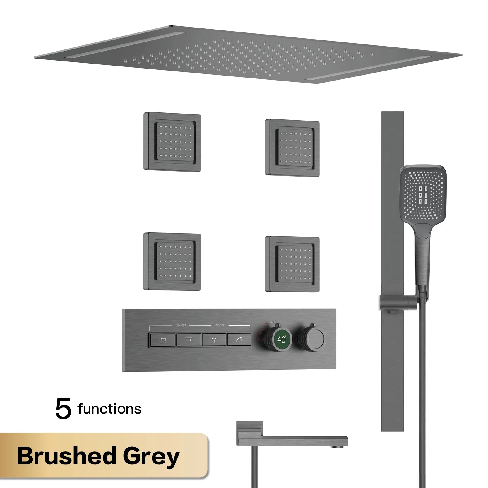 Luxury Gun Grey Brass Thermostatic Shower System Ceiling-Embedded Rainfall&Waterfall Outlet with LED Display Bathroom Mixer Tap