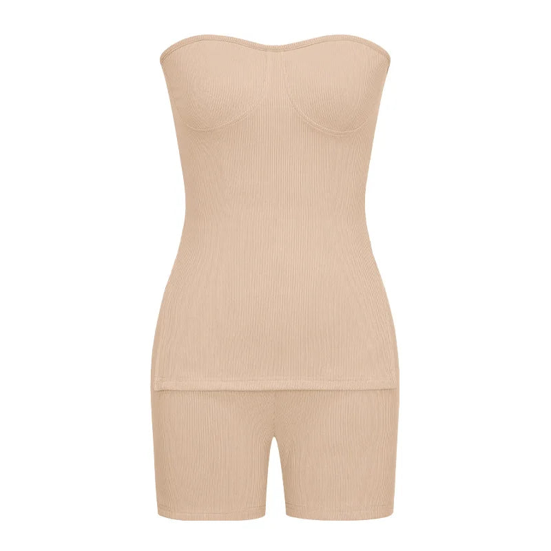 Sexy Solid Slim Suit For Women Fashion Strapless Side Split Top Elastic Waist Package Hip Shorts Two Piece Set 2026 Summer New