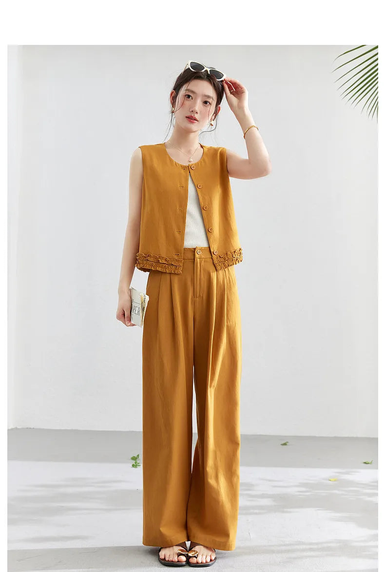 VIMLY Office Two-Piece Set Women 2026 Summer New Fashion Ruffle Hem Cropped Sleeveless Vest Wide Leg Pants Casual Outfit A6153