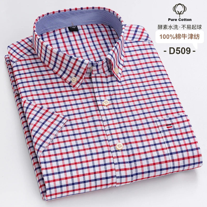 100%Pure Cotton Oxford Men's Shirts Short Sleeve Plaid Soft Regular Fit Formal Dress Shirt Social Blouse Male Clothes 6XL 7XL