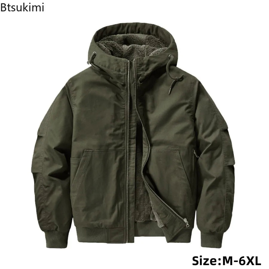 New 2026 Men's Thicken Warm Cotton Jackets Autumn Winter Fleece-lining Loose Casual Hooded Cargo Coats Men Parkas Jackets M-6XL