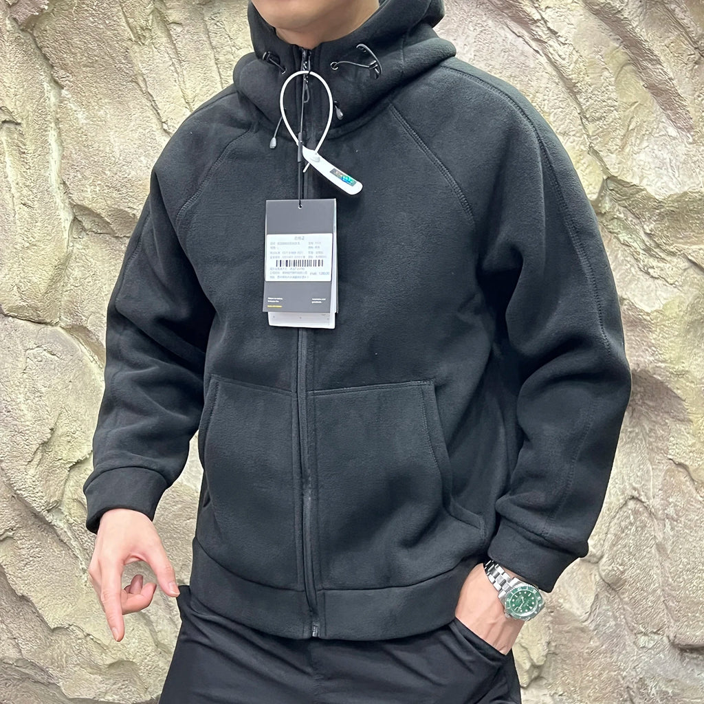Heavyweight 620g Double-Sided Fleece Hoodie Jacket Quick Warmth Winter Men's Long Sleeve Zipper Closure Outdoor Style Polyester