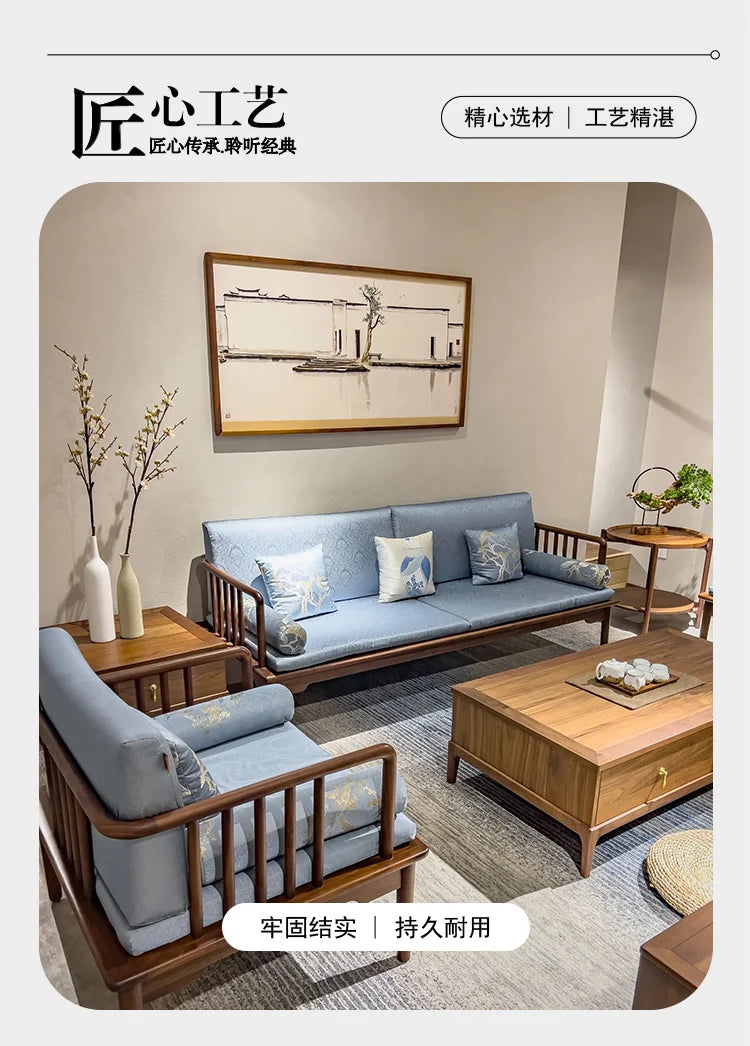 Fabric sofa living room modern simple solid wood new Chinese model room 123 combination  FT