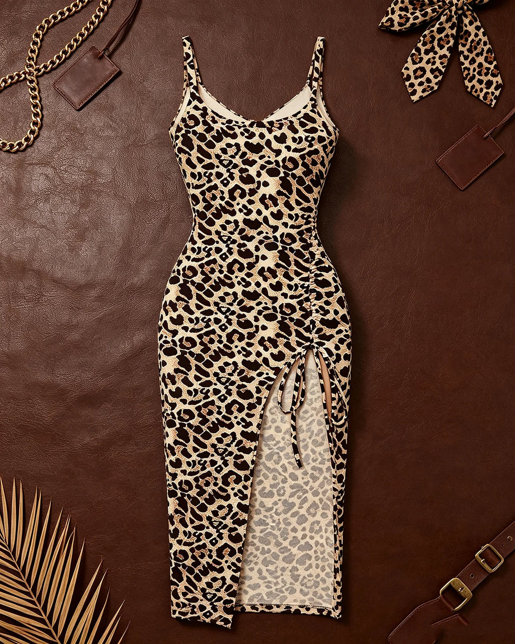 Women's Casual Elegant Round Neck Sleeveless Leopard Print Waist Cinched Mini Dress with Slit And Suspender