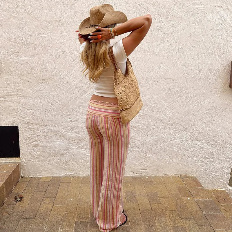 Color Vertical Stripe Women's Wide Leg Pants Folded Wide Waistband Side Thin Drawstring Tie Relaxed Drape Length Casual Pants
