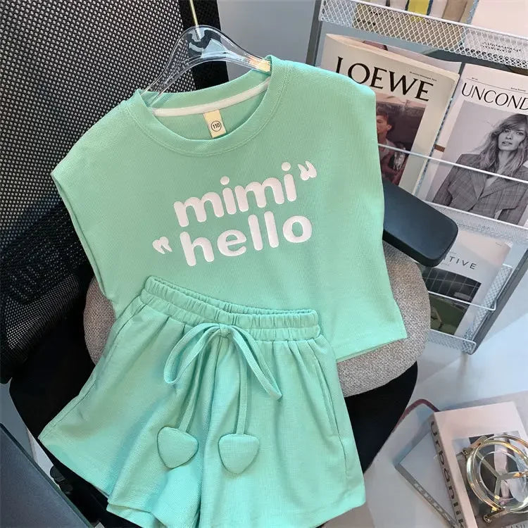 New 4 -14 Years  Summer Girls Clothing Set Letter Print Sleeveless T-shirt + Heart Shorts Pants 2pcs Suit Kids Leisure Outfit